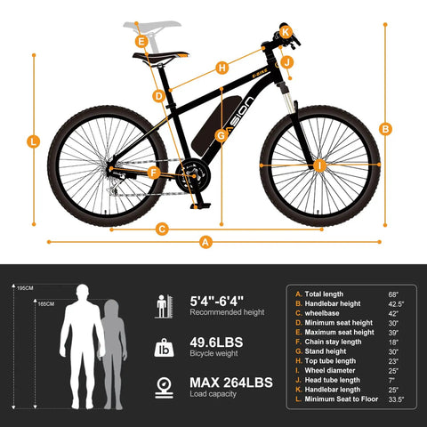 Diagram with measurements of Electric Bike For Adults With 1000W Peak Motor 20 MPH Top Speed 360Wh Removable Battery 26 Inch Tires