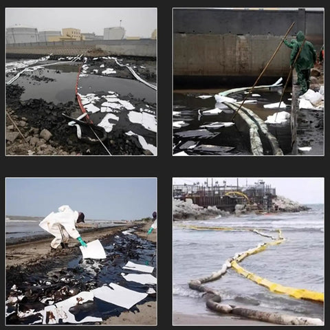 Snap Up These Tough Oil Absorbent Socks For Serious Industrial Spill Cleanup Booms Soak Up Diesel And Hydrocarbon Fluids Fast High Capacity Polypropylene Tubes Bring A Pack Of Five To Every Job Site Today, industrial workers using absorbent socks on oil spill.