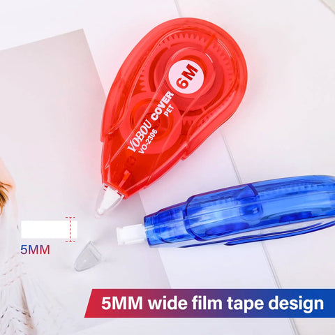 Red and blue 6M correction tape applicators on paper; White Correction Tape For Instant Corrections, Easy To Use Applicator For Left Or Right Hand, Fast, Clean, No Paper Damage, Great For School And Office, Red And Blue, 12 Pack, 6 Meters Long By 0.2 Inches Wide.