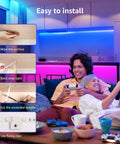 Couple enjoying 65.6 Foot Ultra Long RGB LED Strip Lights With Remote Control in living room, blue and pink ambient lighting