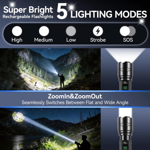 Rechargeable LED Flashlight With Zoomable Beam And Five Modes Including High Medium Low Strobe And SOS USB C Fast Charge Ultra Bright Tactical Light For Camping Hiking Emergencies Power Outages And Nighttime Work displayed with zoom function in landscape