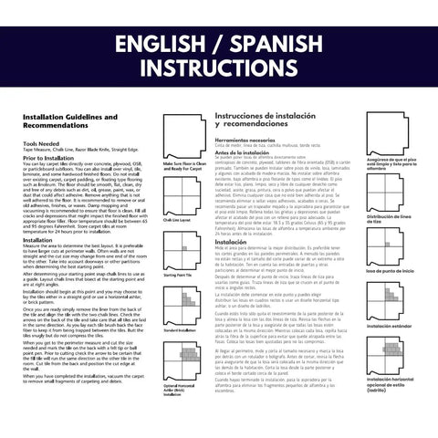English and Spanish instructions for Walk In The Park Plush Carpet Tiles With Built In Padding 18x18 Peel And Stick Flooring