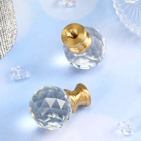 Crystal Lamp Finials 2 Pack Diamond Textured Glass Knobs with Clear Top Caps Polished Chrome Base and Gold Accent