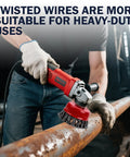 Red angle grinder with a wire wheel brush cleaning a rusted metal pipe; 4-inch wheel, 5/8-inch arbor