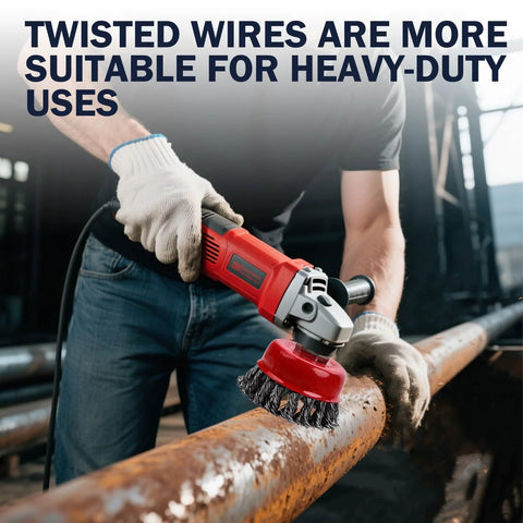 Red angle grinder with a wire wheel brush cleaning a rusted metal pipe; 4-inch wheel, 5/8-inch arbor
