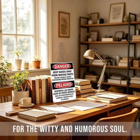Danger Hands Off Moving Parts Aluminum Sign 8x12 Inches For Workshop Factory Industrial Workplace Machinery Equipment Durable Metal Warning Sign Heavy Duty Grade Aluminum on desk