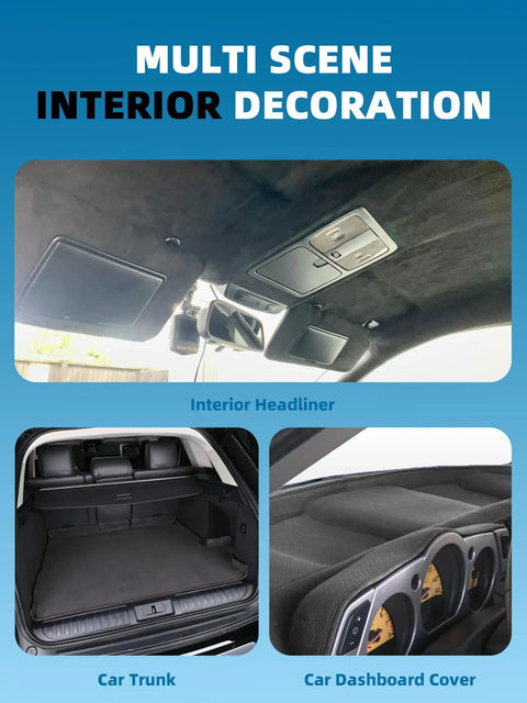 YOKKIP black suede auto headliner fabric, 96x60 in, foam-backed; interior roof, trunk, and dashboard cover views