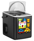 Portable Countertop Ice Maker Featuring Modular Swappable Blocks And Instant Six Minute Freeze Cycles Generating Twenty Six Pounds Of Fresh Ice Daily For Zero Hassle Super Chill Vibes, showing colorful play blocks on a sleek black unit.