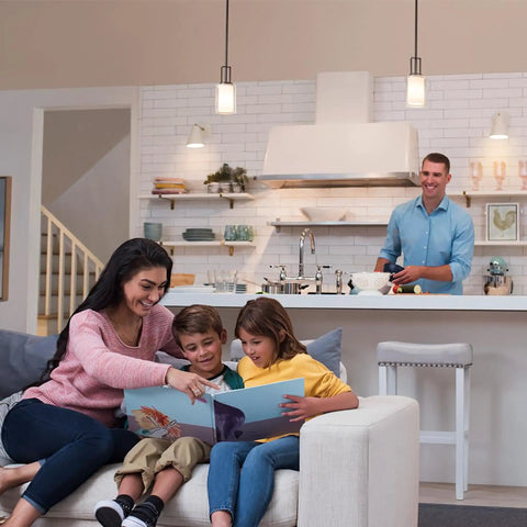 Family enjoying quality time in a modern living room with Easy Install Dimmer Switch For LED Halogen And Incandescent Lights 150W