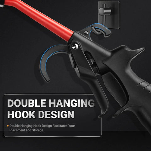 Close-up of Heavy Duty 290 Max PSI Air Blow Gun For Compressors With Quarter Inch Inlet Angled Nozzle and Double Hanging Hook Design