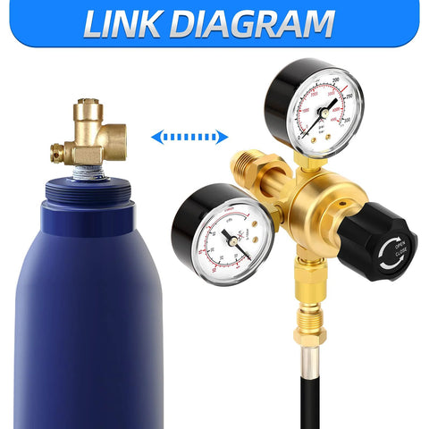 Argon/CO2 welding regulator with dual gauges and CGA580 fitting mounted on a blue gas cylinder.