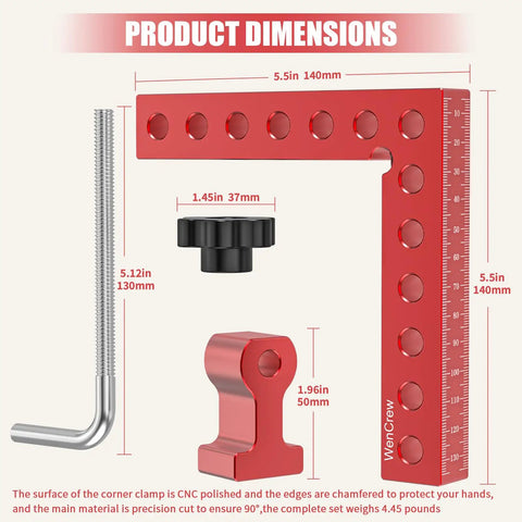 Corner Clamps For Woodworking 4 Pack 90 Degree Right Angle Aluminum Squares 5.5 Inch dimensions and components illustration