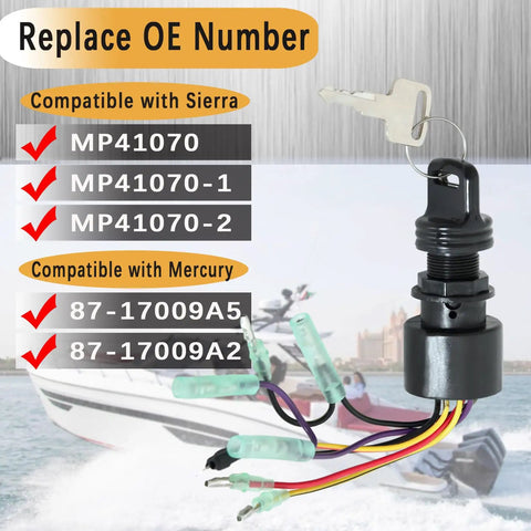 Boat Ignition Switch With Key For Mercury Mariner Outboard Motor Control Box With Two Keys Three Position Six Wire Connectors Replacement For Mercury Ignition Switch 87 17009A2 87 17009A5 product image with wiring and keys