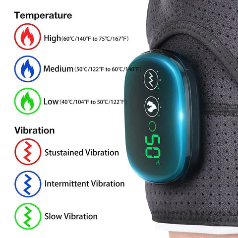 Cozy Heated Shoulder Wrap Massager For Men And Women with Cordless Design showing control panel, heating, and vibration settings.