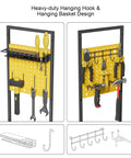 All In One Power Tool Organizer Cart With Charging Station On Wheels Heavy Duty Garage Tool Storage With 8 Outlet Power Strip 2 Hanging Baskets 8 Hooks Drill Bit Holder Battery Storage Yellow, side view showing hanging tools, hooks, and basket.