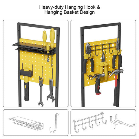 All In One Power Tool Organizer Cart With Charging Station On Wheels Heavy Duty Garage Tool Storage With 8 Outlet Power Strip 2 Hanging Baskets 8 Hooks Drill Bit Holder Battery Storage Yellow, side view showing hanging tools, hooks, and basket.