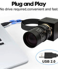 8MP USB Camera With 10X Optical Zoom And 5 To 50mm Varifocal Lens For PC And UVC WebCam That Delivers Slick Crisp Footage On Linux Windows Android And Mac OS At 15fps, shown connected to laptop