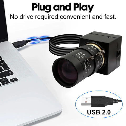 8MP USB Camera With 10X Optical Zoom And 5 To 50mm Varifocal Lens For PC And UVC WebCam That Delivers Slick Crisp Footage On Linux Windows Android And Mac OS At 15fps, shown connected to laptop