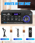 Front view of AK45 300W Dual Channel Bluetooth Stereo Power Amplifier with remote, power cable, and FM antenna included.