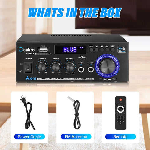 Front view of AK45 300W Dual Channel Bluetooth Stereo Power Amplifier with remote, power cable, and FM antenna included.