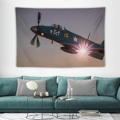 World War II Aircraft Airplane Print Large Polyester Wall Tapestry With Installation Kit For Bedroom Or Living Room Decor Aims To Elevate Your Space And Create A Dope Cozy Meditation Vibe tapestry depicting a vintage aircraft in flight.