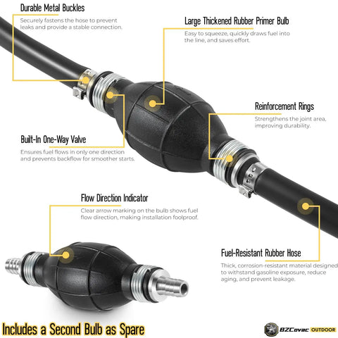 Three Eighths Inch Fuel Line Assembly With Six Foot Nylon Braided Marine Fuel Hose, Primer Bulb And Stainless Clamps, Your Go-To Universal Fuel Line Kit For Outboard Boats, RVs, Tractors And More, Ethanol Compatible Low Permeation, featuring built-in one-way valve and durable metal buckles.