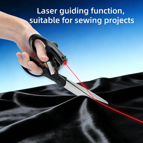 Hand using Laser Guided Fabric Scissors With Built In Red Laser Guide For Pro Level Precision Cuts In DIY Crafts on black fabric