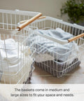 Tosca Style Laundry Basket With Wooden Handles, 15 Inch Large Capacity, White Steel Frame with Clothes, Home Organization