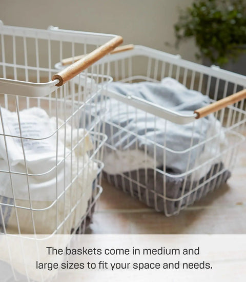 Tosca Style Laundry Basket With Wooden Handles, 15 Inch Large Capacity, White Steel Frame with Clothes, Home Organization