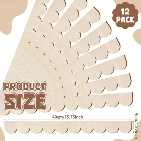Natural Unfinished Scalloped Wood Trim With Wavy Edges And 10 Small Curves Per Piece, size 40x4cm, pack of 12.
