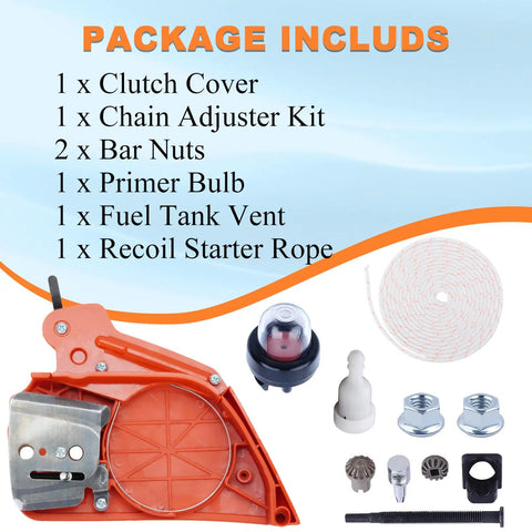 Chain Brake Side Clutch Cover Kit For Echo CS 370 400 420ES Chainsaws packaging, includes clutch cover, adjuster, bar nuts