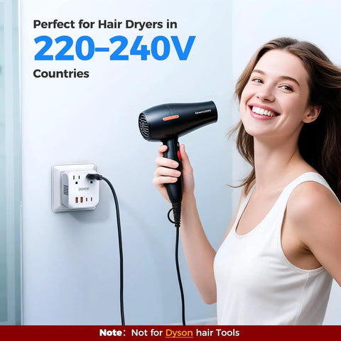 Woman using 2000W Voltage Converter For Travel 220V To 110V With Built In 2 PD QC Ports And UK EU AU IT US Plugs