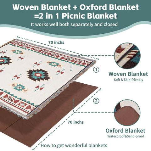 2 In 1 Extra Large Boho Beach Blanket Towel Giant Woven Outdoor Picnic Mat with Oxford base, 70 inches wide