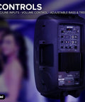 Back panel of 12 Inch Bluetooth PA Speaker 800W With TWS Link showing inputs, volume control, and adjustable settings
