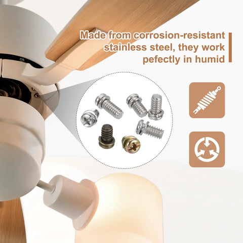 Top Shelf 30 Piece Ceiling Fan Blade Screws 1/4 20 X 3/8 Inch Carbon Steel Phillips Pan Head replacement fasteners shown with stainless steel screws.