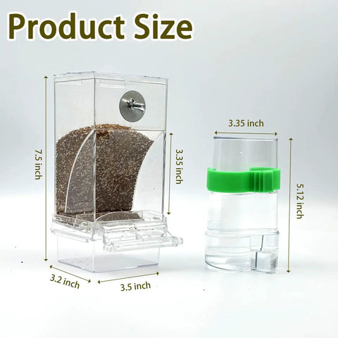 Heavy Duty Automatic Bird Feeder And Water Dispenser Cage Combo size demonstration with clear storage container and dimensions.
