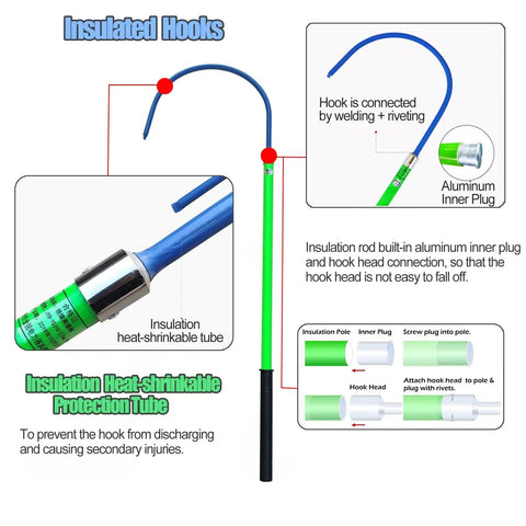 High Voltage Rescue Hook With Epoxy Insulated Pole diagram showing construction features and material details.