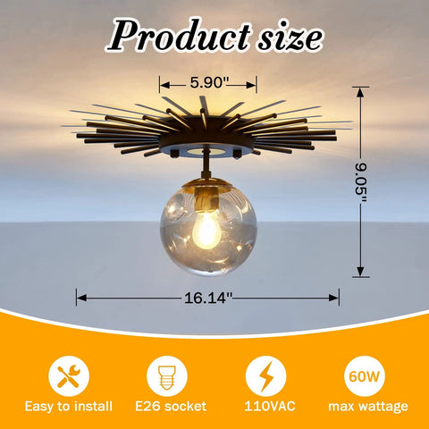 Sleek Black Flush Mount Ceiling Light With Glass Globe Sputnik Starburst 1 Light Close To Ceiling Fixture dimensions.