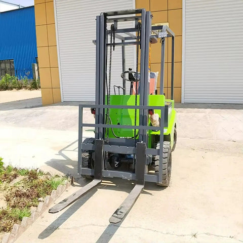 Portable Electric Forklift 4Way Mini Lift Truck With Adjustable Reinforced Forks Solid Tires ergonomic seat at warehouse entrance.
