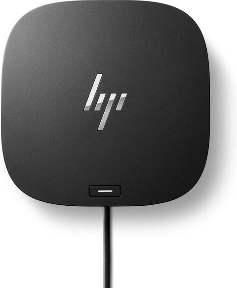 Boss Level USB C Docking Station For Workstations. Black hub with HP logo, featuring a single cable connection.