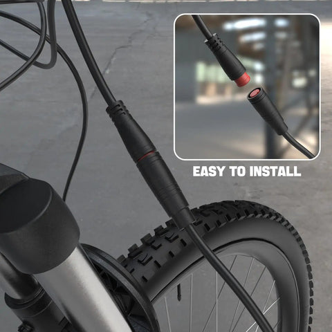 Close-up of All-In-One Electric Bike Brake Lever Kit With Waterproof 2-Pin Connector for easy installation on e-bike tire.