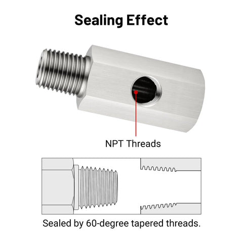 Stainless steel oil pressure sensor tee adapter with 1/4 NPT male thread and 1/8 NPT female port