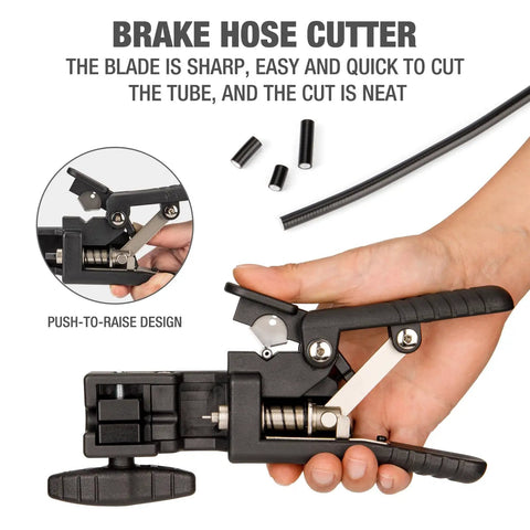 Hydraulic Disc Brake Hose Cutter And Driver 2 In 1 Bike Tool in use, showing sharp blade and push-to-raise design.