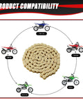 KAMIER gold 420 drive chain coil, 102-link with chain breaker tool; five dirt bikes surround the chain
