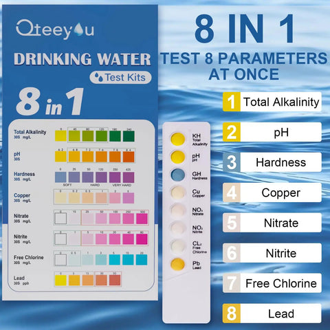 8 In 1 Home Water Testing Kit For Tap And Well Water Detect Lead, pH, Alkalinity, Hardness, Copper, Nitrate, Nitrite, And Chlorine