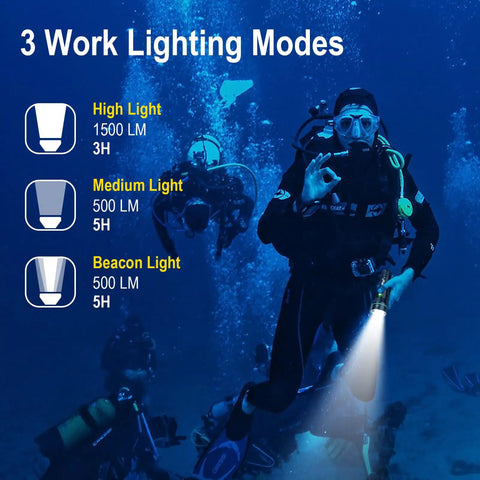 Beast Underwater Dive Light 1500 Lumen Rechargeable Flashlight IPX8 Waterproof 3 Modes with diver demonstrating usage