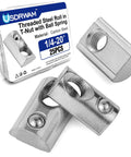 Pack Of 25 1/4 20 Roll In T Nuts With Ball Springs For 8020 Aluminum Extrusion T Slot Framing displayed in a box with three nuts.