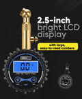 Digital Tire Pressure Gauge For Cars With 360 Degree Swivel Chuck Rugged Brass Body Wrapped In Protective Rubber Case Easy Valve Connection Accurate Readings Up To 200 PSI For Safe Tire Maintenance. 2.5-inch LCD display