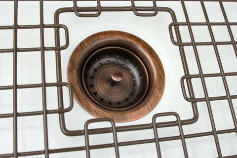 Low Profile Kitchen Sink Basket Strainer Drain in Antique Copper with grid, Easy Install, Universal Fit for 3.5 Inch or 4 Inch Drain Openings