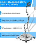 20 Inch Pressure Washer Surface Cleaner With 304 Stainless Steel Housing Dual Handle Driveway Attachment 4500 PSI Includes 2 Replacement Nozzles For Concrete Sidewalk Deck And Patio Cleaning is shown with dual handles and wheels for mobility.